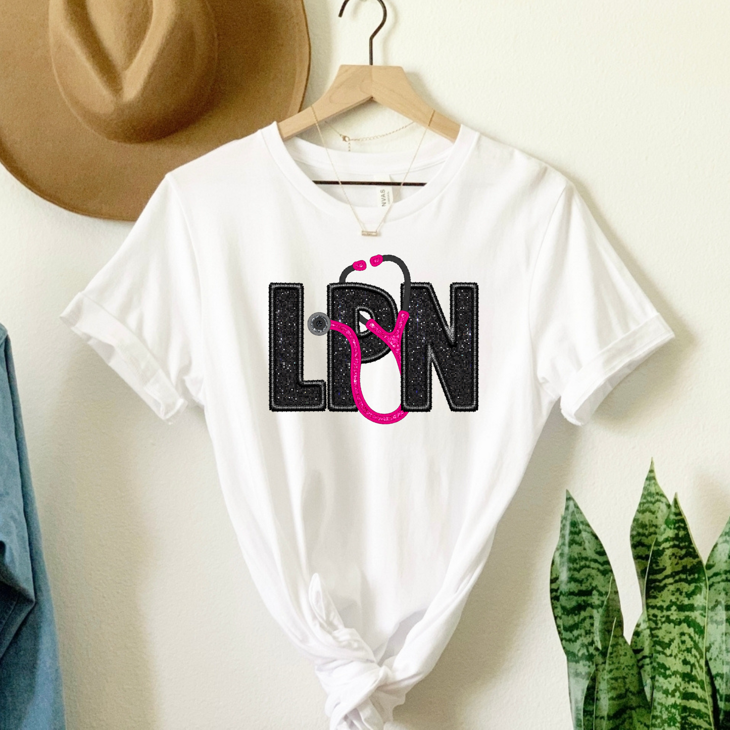 Shine Bright as an LPN: "LPN" Faux Embroidery & Faux Glitter T-Shirt