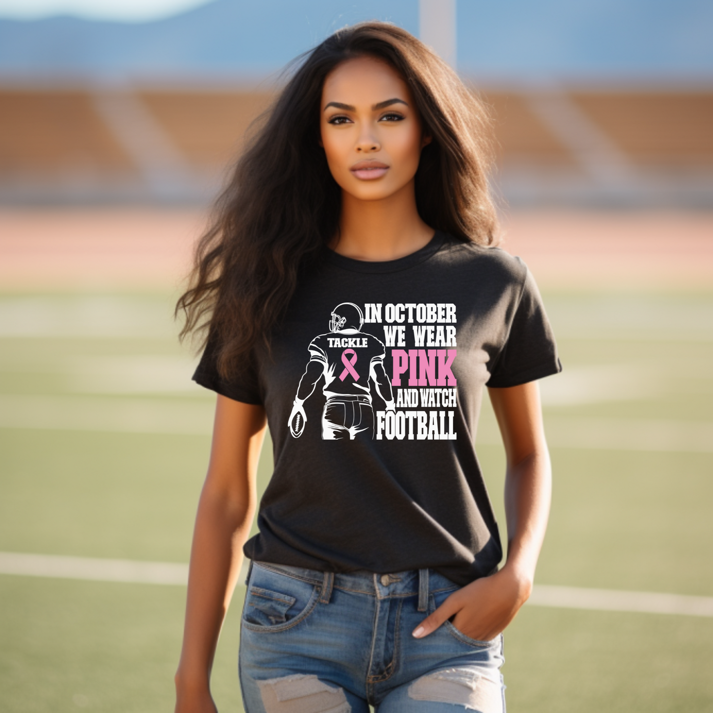 In October We Wear Pink and Watch Football Breast Cancer Awareness Tee