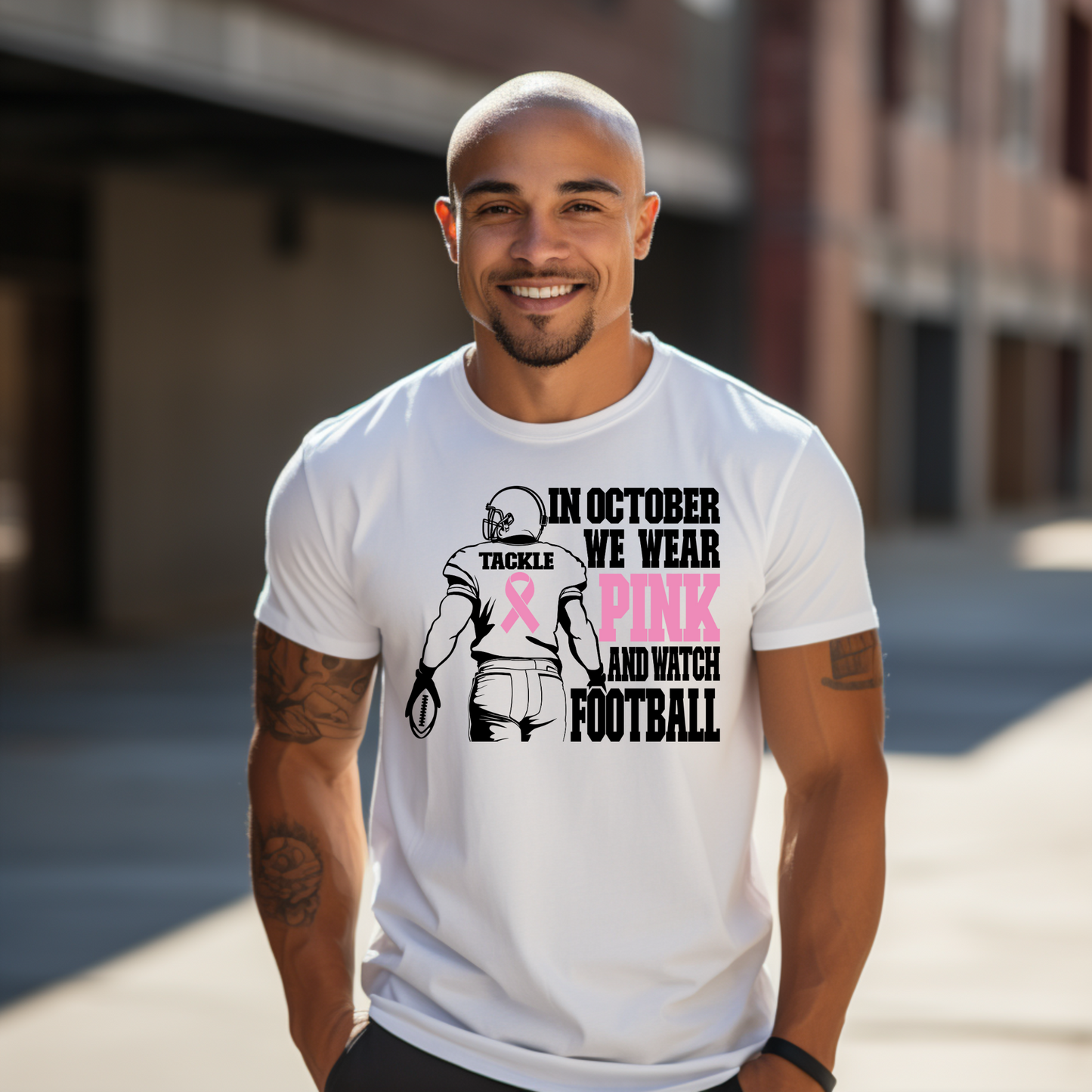 In October We Wear Pink and Watch Football Breast Cancer Awareness Tee