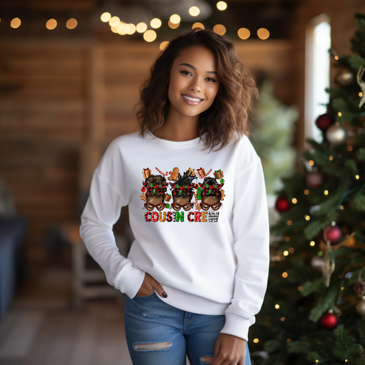 Unite with Style: "Cousin Crew" Messy Bun Christmas Sweatshirt