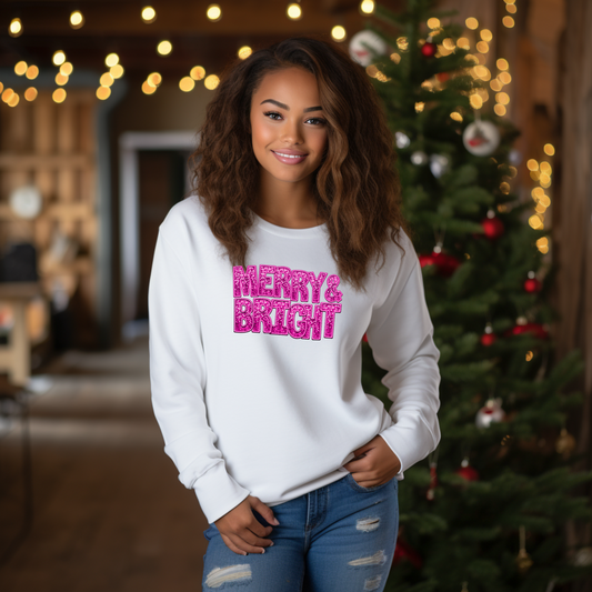 Celebrate with a Pop of Color - "Merry & Bright" Bright Pink Faux Sequin & Embroidery Sweatshirt