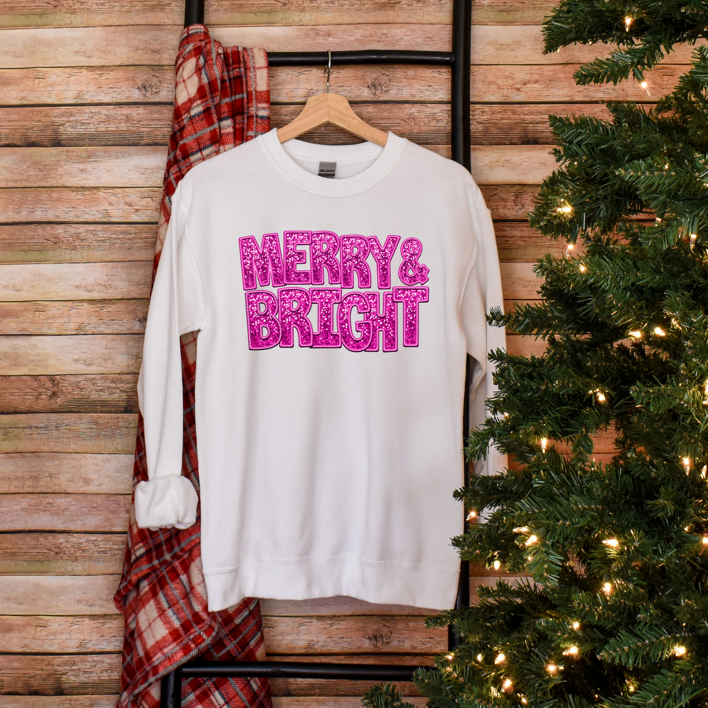 Celebrate with a Pop of Color - "Merry & Bright" Bright Pink Faux Sequin & Embroidery Sweatshirt