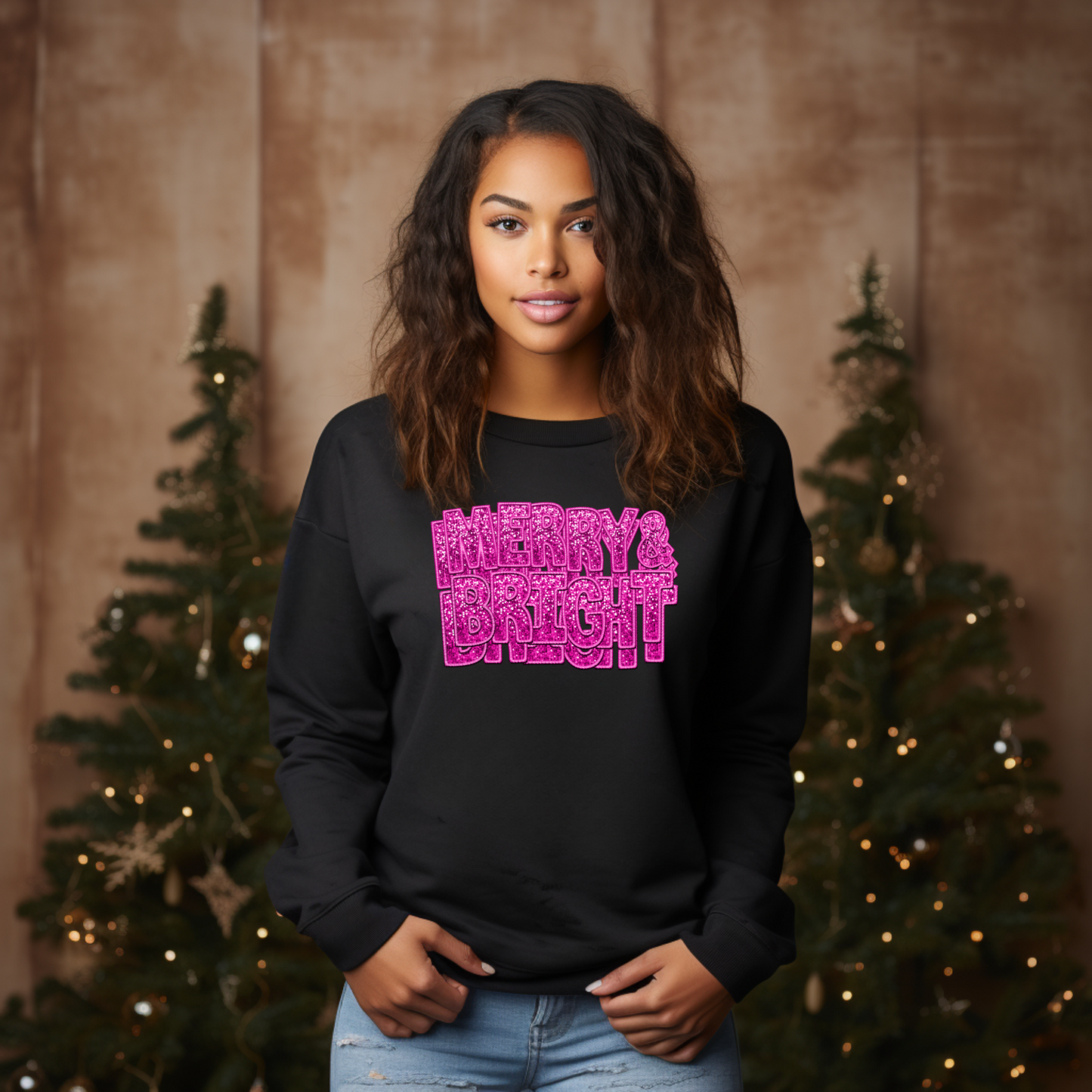 Celebrate with a Pop of Color - "Merry & Bright" Bright Pink Faux Sequin & Embroidery Sweatshirt