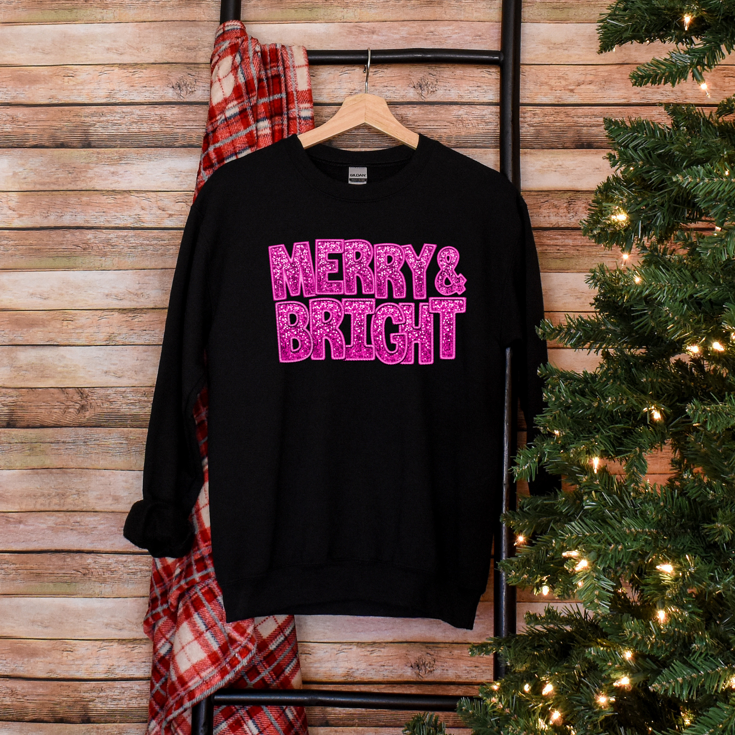 Celebrate with a Pop of Color - "Merry & Bright" Bright Pink Faux Sequin & Embroidery Sweatshirt