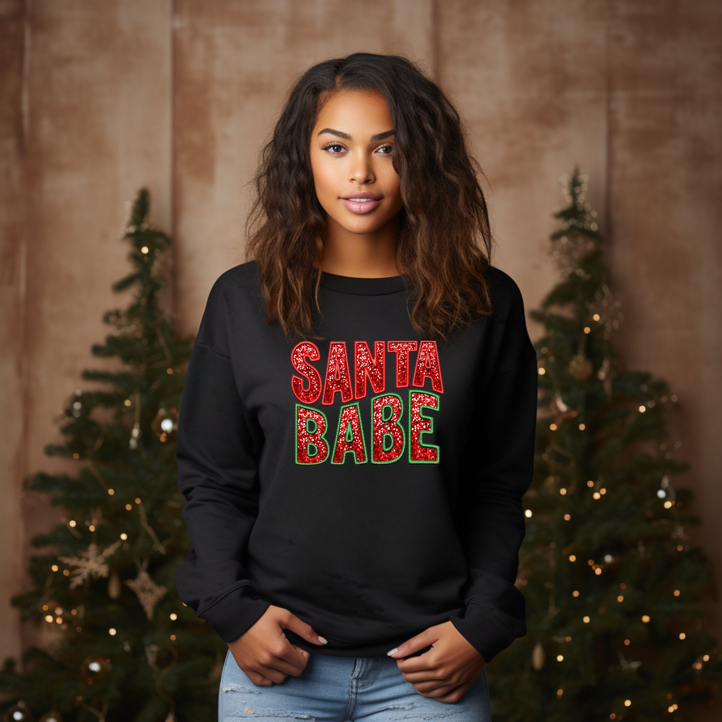 Flaunt Your Festive Spirit -  Faux Sequin & Embroidery "Santa Babe" Sweatshirt Faux