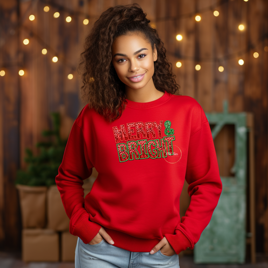 Elevate Your Holiday Spirit: "Merry and Bright -  Faux Sequin & Embroidery" Sweatshirt