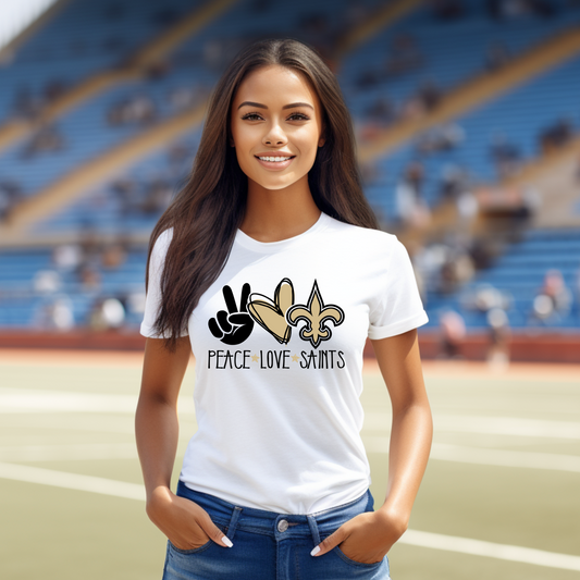 Celebrate the Saints with "PEACE, LOVE, SAINTS" Tee