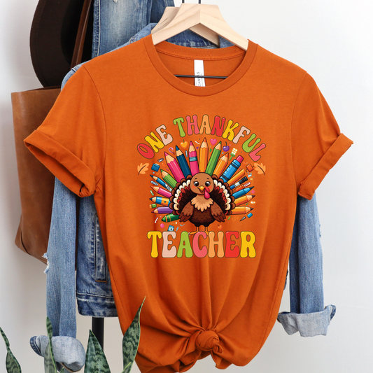 One Thankful Teacher Thanksgiving Tee – Festive Turkey Edition