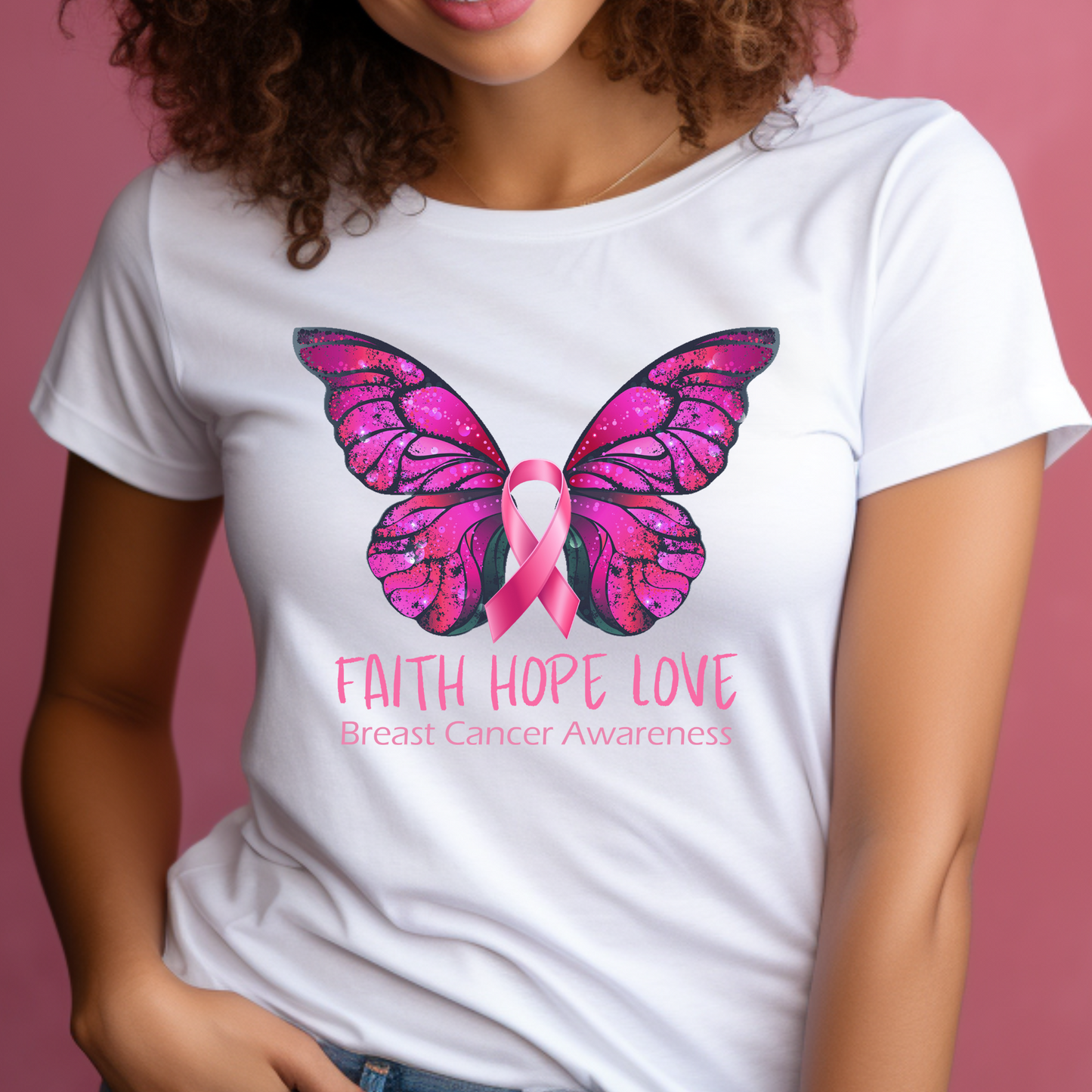 Faith Hope Love Breast Cancer Awareness Tee – Butterfly Pink Ribbon