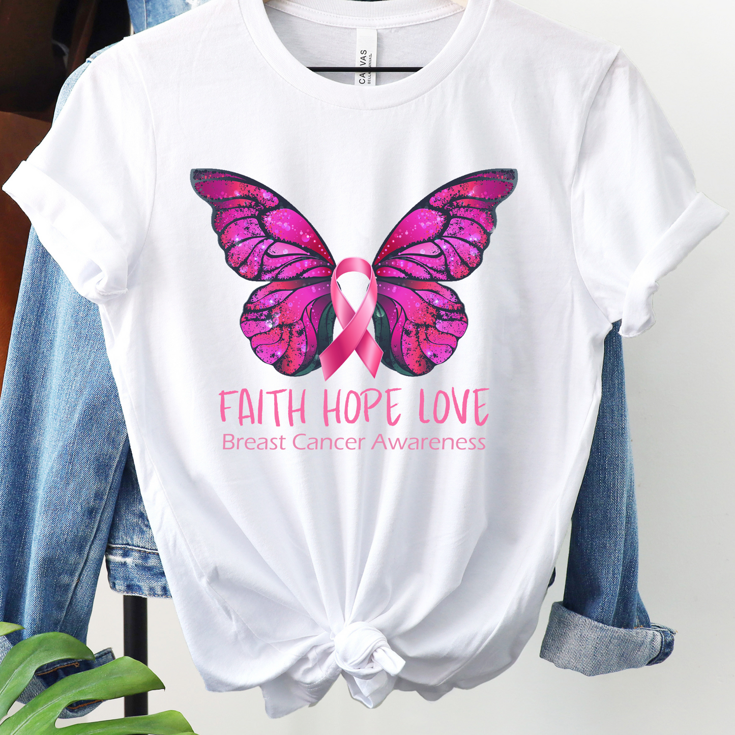 Faith Hope Love Breast Cancer Awareness Tee – Butterfly Pink Ribbon