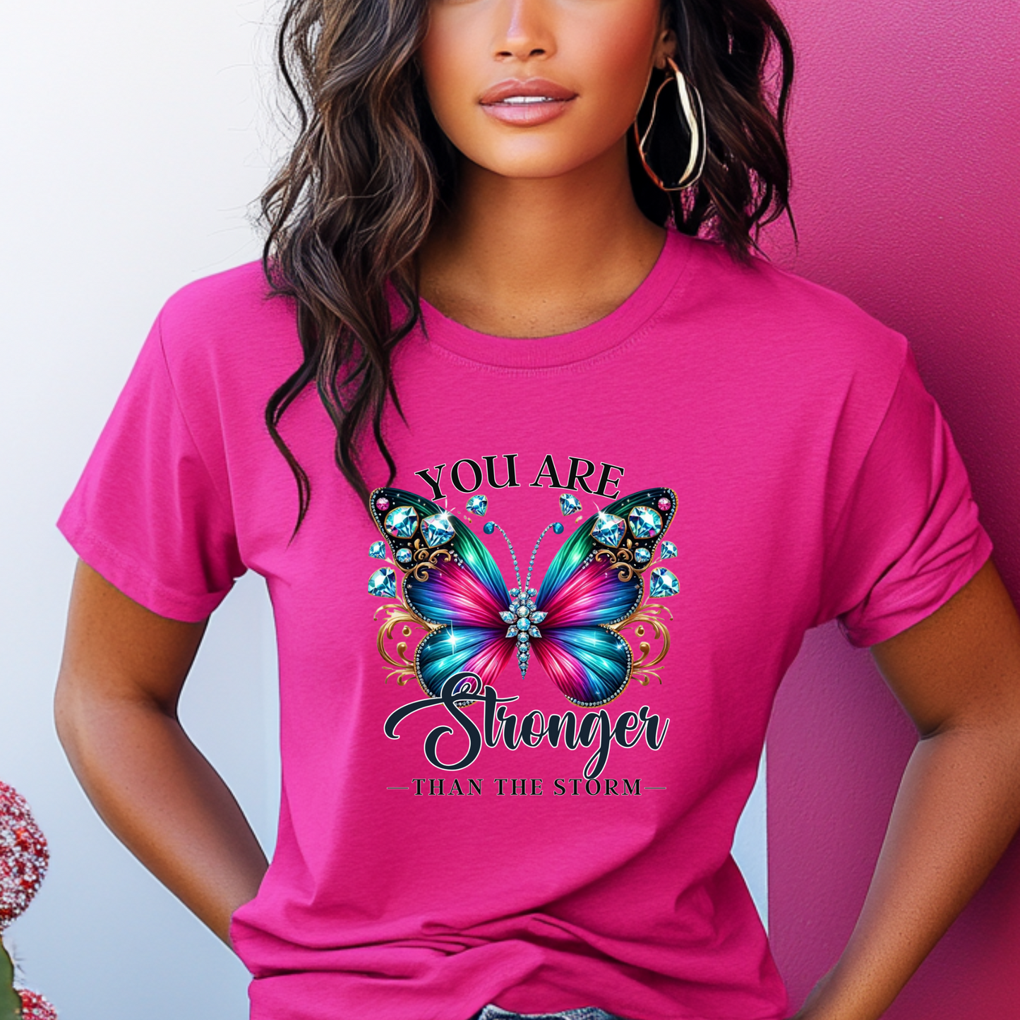 You Are Stronger Than the Storm" Butterfly Tee – Multicolor Jewel Design - Pink