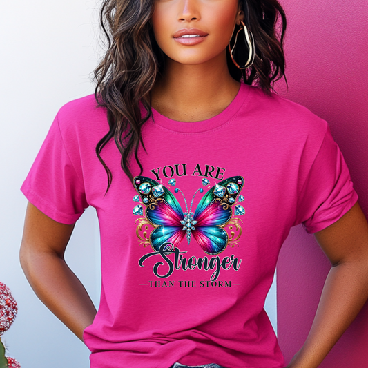 You Are Stronger Than the Storm" Butterfly Tee – Multicolor Jewel Design - Pink
