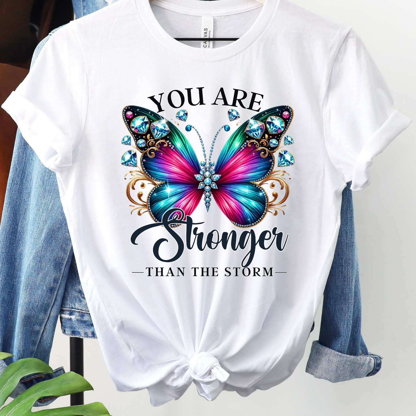 You Are Stronger Than the Storm" Butterfly Tee – Multicolor Jewel Design