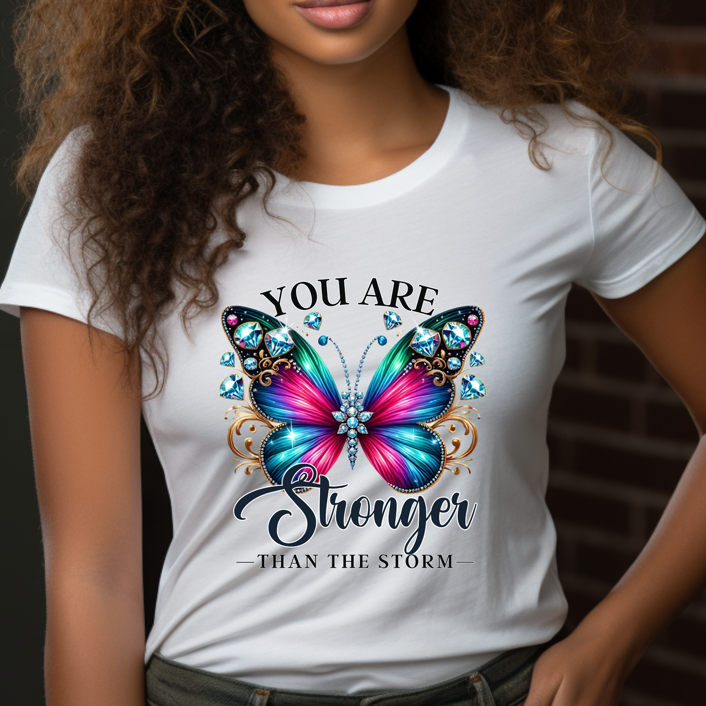 You Are Stronger Than the Storm" Butterfly Tee – Multicolor Jewel Design