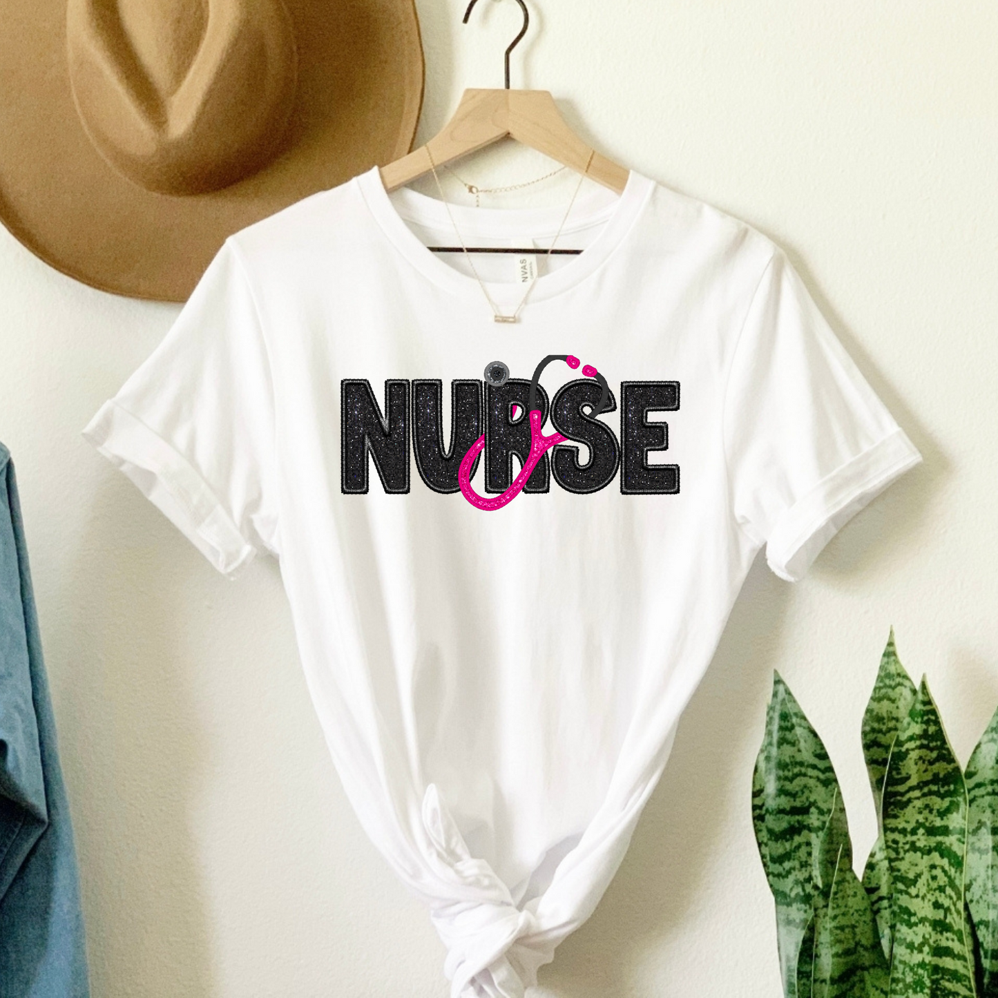 Sparkling Dedication: "Nurse" Faux Glitter & Faux Embroidery T-Shirt