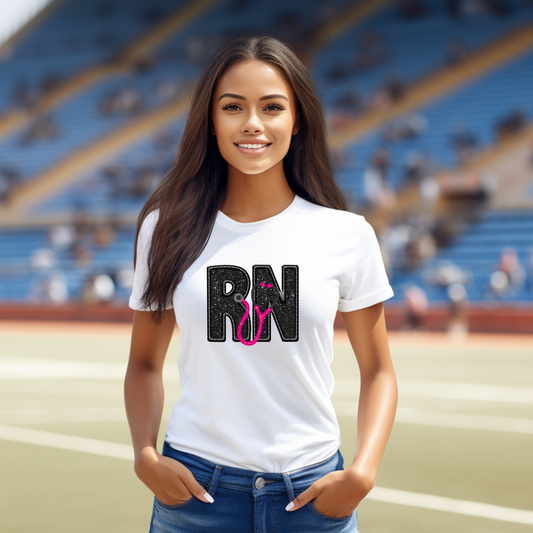 Radiate Nurse Pride: "RN" Faux Embroidery & Faux Glitter T-Shirt